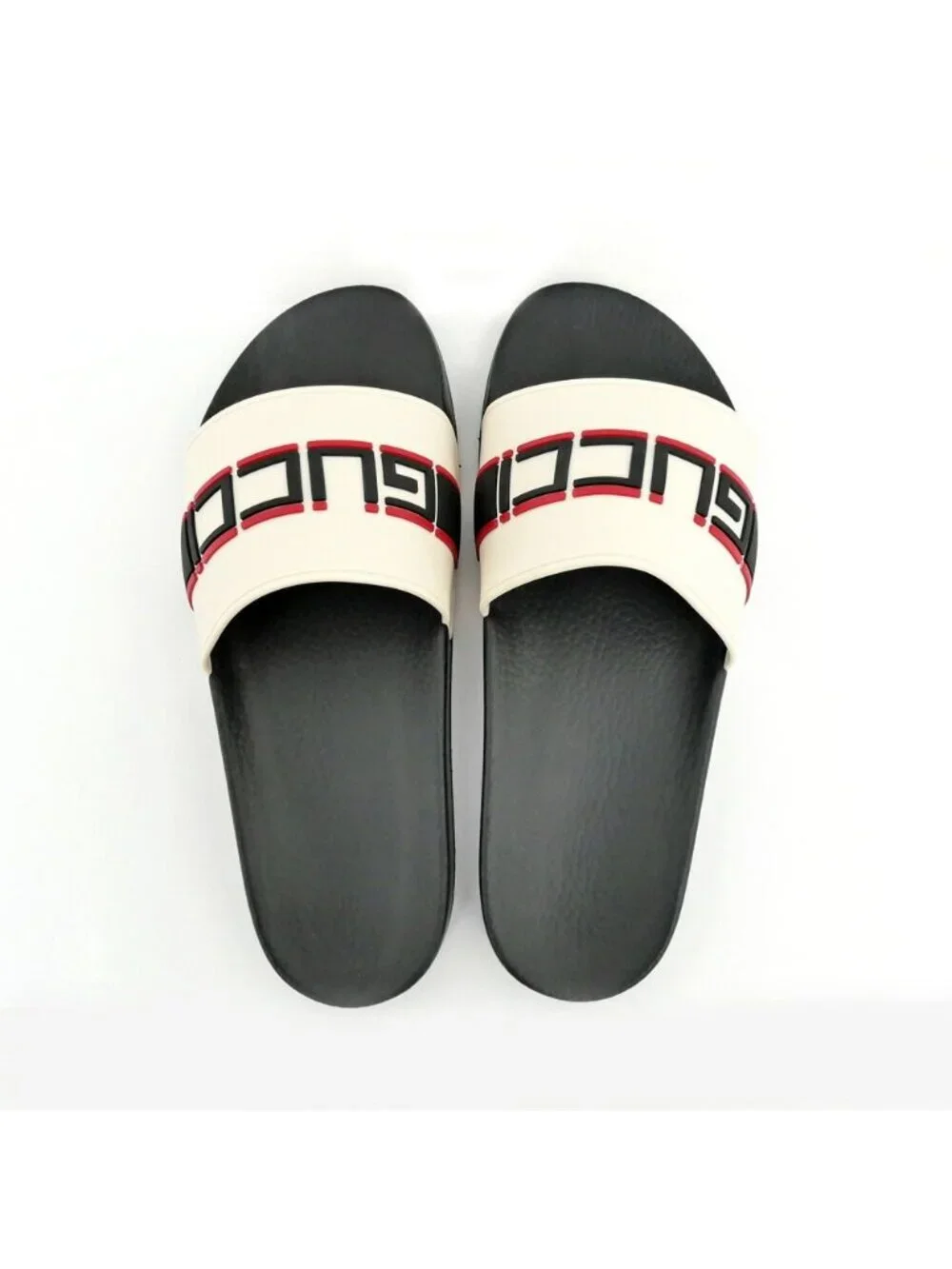 Gucci Rubber Sandals Logo Black White Red Shoes 10